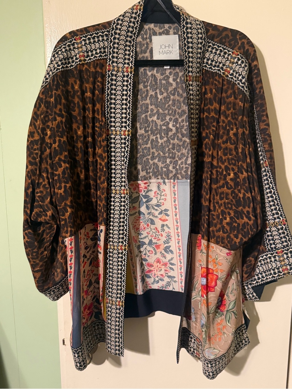 John Mark Brown Leopard Print Kimono Jacket with Floral Panels